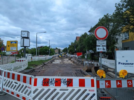 Baustellenabsperrung über die gesamte Straße. Ein Einfahr-Verboten Schild. Es wär auch gar nicht möglich. Hinter der Absperrung eine komplett ausgegrabene Straße. Links eine Uhr, darunter eine Werbefläche.