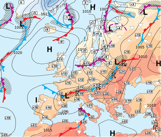 Analyse synoptique de la sitation météo en Europe ce jour.