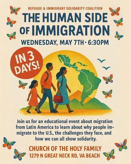 Educational event on immigration, Wednesday, May 7th at 6:30 PM.