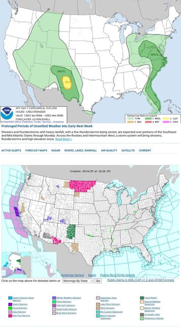 Strong to potentially severe storms are expected across east-central and southeast New Mexico and far west Texas this afternoon and evening, with a threat for large hail, isolated severe wind gusts, and possibly a tornado. Other strong to locally severe storms are possible from Florida northward into the Mid-Atlantic and Allegheny Plateau. #WeatherAwareDay #weather #wx #SPC #TheOutPost #SevereWeather  
Prolonged Periods of Unsettled Weather into Early Next Week
Showers and thunderstorms with heavy rainfall, with a few thunderstorms being severe, are expected over portions of the Southeast and Mid-Atlantic States through Monday. Across the Rockies and Intermountain West, a storm system will bring showers, thunderstorms and high elevation snow