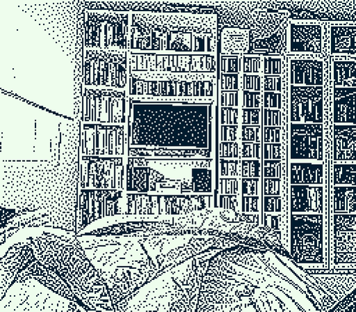 Imágen de 1bit de una librería y la televisión de mi cuarto con la aplicación web webgcam  https://maple.pet/webgbcam/ se aprecia a la izquierda mi ventana con el estor medio bajado.