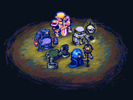 Pixel art illustration displaying five unique units from the upcoming auto-battler game Eldritch Tactics: Apocalypse Rising.

The following units can be seen from an overhead view (from the top, going clockwise):
- a Bulwark of The Gilded Exactor
- a Caster of The Bonebinder
- a Silencer of The Veiled Hymn
- a Binder of The Ferric Thorn
- a Chanter of the Emberwelder

The units are displayed on top of a grassy field with a rough, dithered texture, and lit as if from an overhead spotlight.