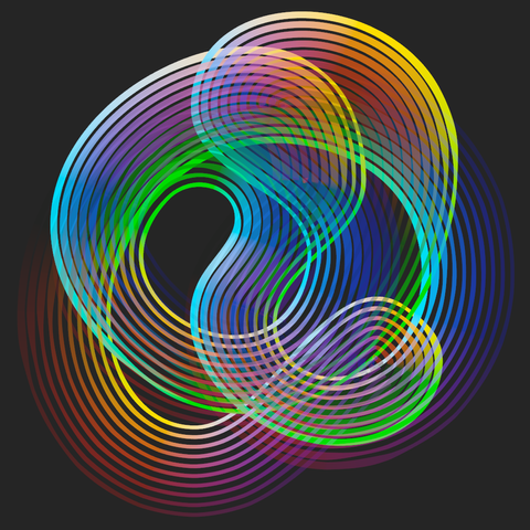 Code generated image of ten rounded colorful happy curves crossing themselves multiple times. After creating one random hobby curve, the other nine are created by offsetting the previous curve. Variable stroke weight. Dark background. Because the color gradients go through all hues (some hues darker than others), a sense of light and shadow is produced.