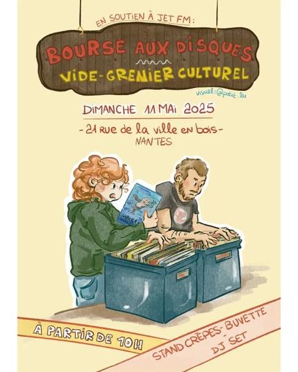 Afffiche annonçant le vide grenier culturel organisé en soutien à la radio Jet Fm, dimanche 11 mai aux Ateliers de la ville en bois à Nantes, à partir de 10h (crêpes et dj set au menu egalement)
