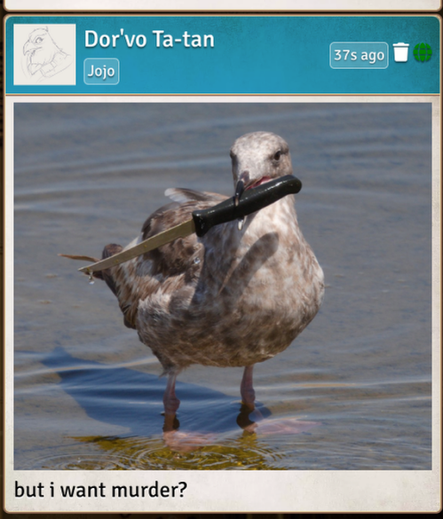 Screenshot from FoundryVTT with a player posting a meme of a seagull holding a knife.