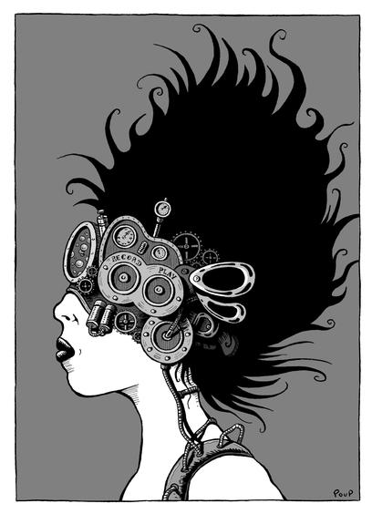 Une femme porte un étrange casque à l'allure rétrofuturiste. Cet appareil est capable d'enregistrer les rêves et de les relire à volonté.

A woman wears a strange, retrofuturistic-looking helmet. This device is capable of recording dreams and replaying them at will.