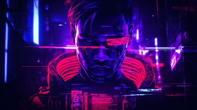 Surcharge du Signal
Portrait cybernétique glitché d’un homme augmenté dans un univers futuriste, baigné de lumières violettes et rouges saturées.
Glitched cybernetic portrait of an enhanced man in a futuristic world, bathed in saturated red and purple lights.