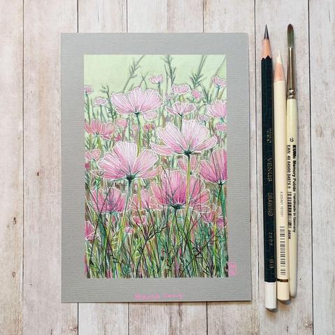 A drawing of a flowerbed filled with pink cosmos on grey pastel paper. The palette for this artwork is mostly green and pink, soft, pale colours with low contrast.  
An original art work
Colour pencil and mixed media on acid free toned artist paper
5 by 7 inches (12.7 by 17.8 cm). 
Sold unframed