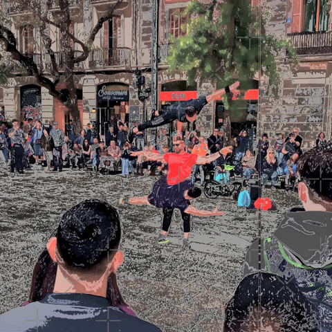 Barcelona digital edited street photography, made with the GNU Image Manipulation Program + Grid BW Color (G'MIC-Qt).