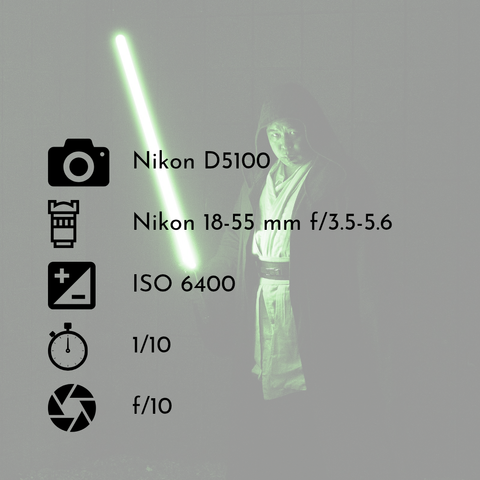 The EXIF data for the photograph of me in cosplay as a Jedi from the Star Wars series with a green lightsaber.