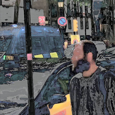 Barcelona digital edited street photography, made with the GNU Image Manipulation Program + Grid BW Color (G'MIC-Qt).