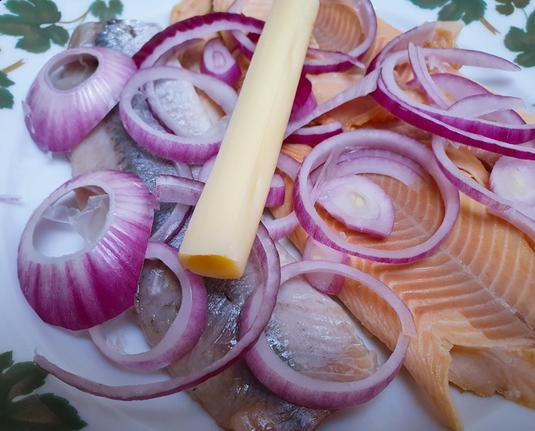 Auf einem Teller floralem, grünem Muster am Rand liegt eine Auswahl an Lebensmitteln. Zu sehen sind mehrere Scheiben geräucherte Forellenfilets und ein Matjesfilet. Darüber sind zahlreiche Ringe roter Zwiebeln verteilt. In der Mitte des Tellers liegt ein einzelner, länglicher Streifen Käse.