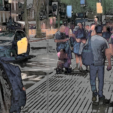 Barcelona digital edited street photography, made with the GNU Image Manipulation Program + Grid BW Color (G'MIC-Qt).