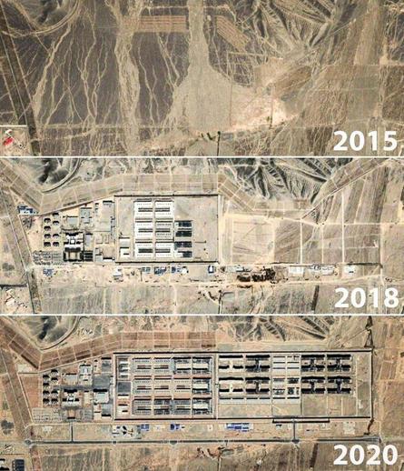Trois images satellites d’un camp situé près de #Dabancheng, en Région ouïghoure. Source: BBC