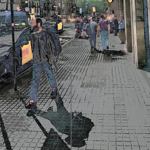 Barcelona digital edited street photography, made with the GNU Image Manipulation Program + Grid BW Color (G'MIC-Qt).