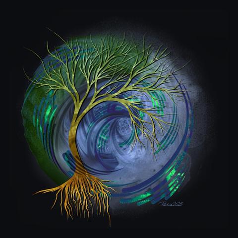 watercolour & ink; an uprooted tree with brown coloured roots and textured green bare branches curves leftwards and up, in the background there's a swirl of pale purple, blue and luminous turquoise , rotating clockwise.
