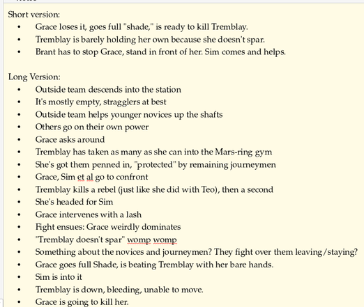 No alt text, here, because don't want a copy/paste-ready version of my plot line. 

It says, "short version" and "long version" with a bunch of bullet points underneath.