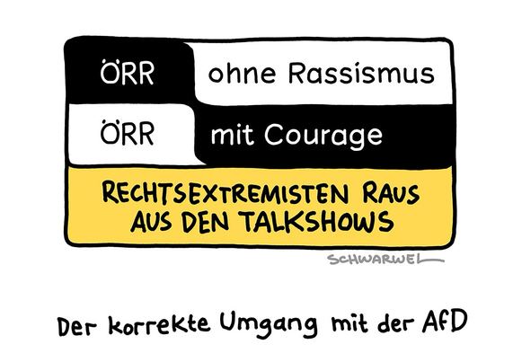 Das „Schule mit Courage“-Logo mit anderem Text: „ÖRR ohne Rassismus ÖRR mit Courage“ Darunter auf Signalgelb: „RECHTSEXTREMISTEN RAUS AUS DEN TALKSHOWS“ Unterzeile: „Der korrekte Umgang mit der AfD“ (Credit: SCHWARWEL)