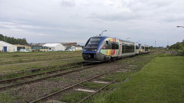 Two coupled baleine bleue arriving at Lauterbourg station.