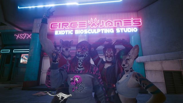 Cyberpunk 2077 photo mode picture. V, a spotted feline (technically a jaguar), is holding up a peace sign, River, a gray wolf, is throwing up the sign of the horns, Judy, a hacker fennec, has one hand on her hip, and Panam, a cougar, is making a silly heart with her arms. All four are dressed casually. They're all in front of the glowing neon sign of Circe Jane's Exotic Bioscuplting Studio, complete with pawprint logo.