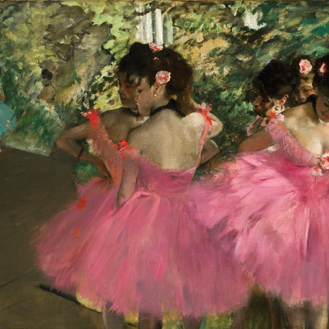 From Artchive: “The artwork depicts a group of ballerinas dressed in pink tutus. These dancers are not poised on stage but are instead caught in a candid moment off-stage, engaging in various states of rest and informal preparation. The painting features Degas’ characteristic use of light and shadow, capturing the delicate textures of the dancers’ costumes and the muted ambiance of their surroundings. Brushstrokes are visible and loose, typical of the Impressionist style, imparting a sense of movement and spontaneity. The dancers’ postures and the composition of the scene express both the elegance and the demanding nature of their craft. Degas’ interest in the grace and physicality of ballet dancers is palpable, as he portrays a behind-the-scenes look at their world, highlighting both their beauty and their human vulnerability.”