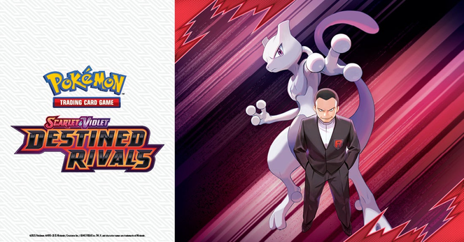 Pokemon Trading Card Game: Scarlet and Violet Destined Rivals promotional art featuring Mewtwo and Giovanni.