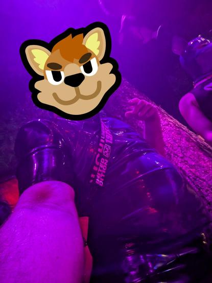 Photo of me in purple and black latex, wearing a shoulder pack, lit by some really queer purple lighting, looking down at the viewer past my shorts with a smirk