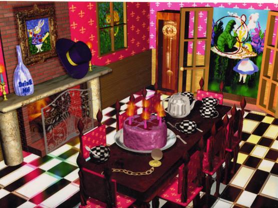 genius 3dMax Alice and Wonderland room complete with Eat Me cake. A portrait of the White rabbit hangs over the mantle of a lit fireplace, the Cheshire cat hangs out the window. Alice can be seen outside french doors talking to the Hookah smoking Caterpillar. This room was created by me and I won an award at the Art Institute. I never got a job and was still paying for my exorbitantly useless degree over 20 years later until thankfully Biden excused the debt.