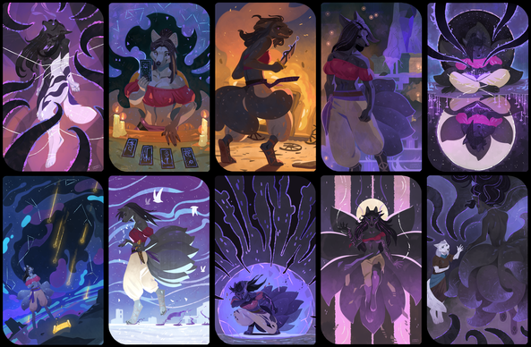 A series of 10 tarot cards in the suit of Tails, depicting the journey of a kitsune from her cursed transformation to her eventual ascension to godhood.