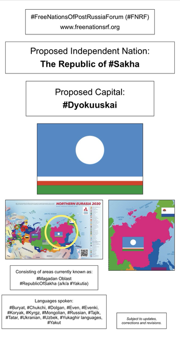 Information, flag, and maps showing proposed independent nation of The Republic Of Sahka (from the website of the Free Nations of Post-Russia Forum).
