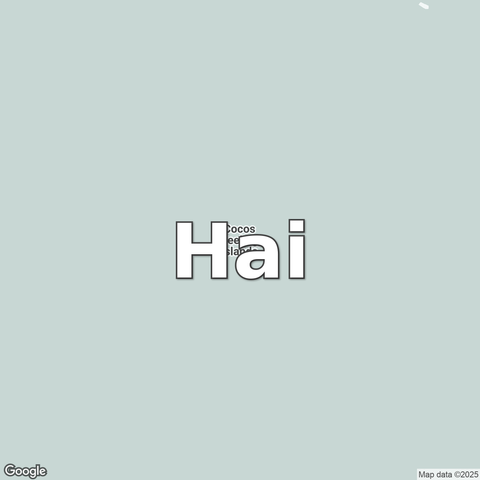 Map of Cocos (Keeling) Islands overlaid with a translation of the word "hello": Hai.