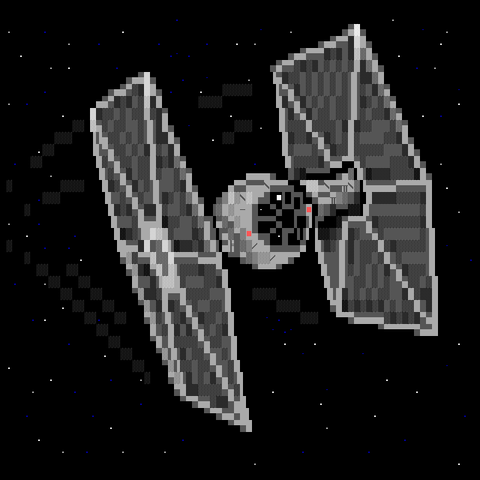 A sinister grey TIE Fighter hurtles out of dark space at top speed across the viewport
