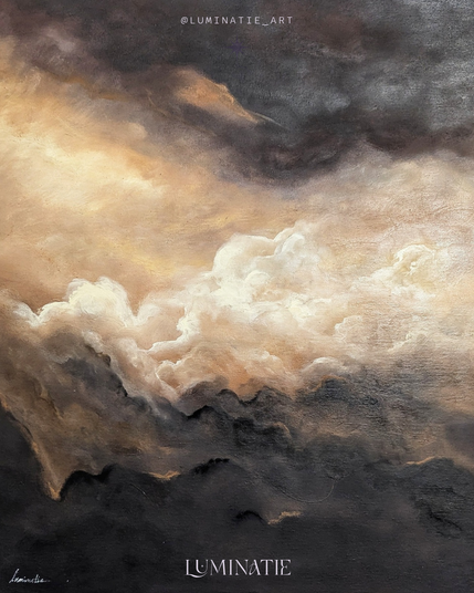 Peinture acrylique d'un ciel nuageux dans les tons ocres, avec en premier plan des nuages sombres et en second plan des éclaircis.