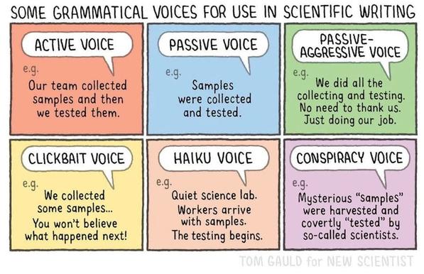 6 panels, each describing a different grammatical voice followed by an example in a sentence.

1 ACTIVE VOICE
e.g.
Our team collected samples and then we tested them.

2. PASSIVE VOICE

e.g.
Samples were collected and tested.

3. PASSIVE-AGGRESSIVE VOICE
e.g.
We did all the
collecting and testing.
No need to thank us.
Just doing our job.

4. CLICKBAIT VOICE

e.g.
We collected
Some Samples...
You won't believe what happened next!

5. HAIKU VOICE

e.g.
Quiet science lab.
Workers arrive with samples.
The testing begins.

6. CONSPIRACY VOICE

e.g.
Mysterious "samples" were harvested and covertly "tested" by so-called scientists.