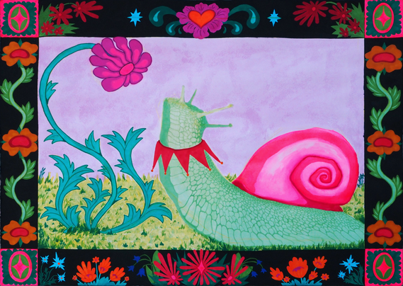 Drawing in alcohol markers, gouache, ink and watercol. It depicts a green snail with a bright neon pink shell looking up at a purple flowe with spiky leaves. There's grass around it and a soft purple background. Around is an intense black border with multiple different flowers in red yellows and blue