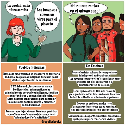 Mujer blanca dice: La verdad, nada tiene sentido, los humanos somos un virus para el planeta.
Un grupo de personas racializadas dice: eh! no nos metas en el mismo saco
Texto:
80% de la biodiversidad se encuentra en territorio indigena. Los pueblos indigenas tienen un papel vital en la proteccion de sus tierras. El 28% del mundo, las zonas con mayor biodiversidad, están gestionadas principalmente por pueblos indigenas, familias minifundistas y comunidades locales. Estos bosques son cruciales para controlar las emisiones contaminantes y mantener la biodiversidad. Tenemos que dejar de usar terminos genericos como "humanos" cuando deberíamos decir "colonizadores" o "capitalistas".
Ecofascismo
los ecofascistas culpan a la superpoblación del colapso del medio ambiente. "Los humanos somos un virus" es un eslogan usado a menudo por ellos para atraer a la gente ignorante a su ideología. Están equivocados. El 10% más rico de la gente produce la mitad de las emisiones de carbono. Reducir la población no solucionaría el problema. Tenemos un problema con los ricos acaparando los recursos que no necesitan y los pobres resistiendo con lo poco que tienen. Los humanos somos parte de nuestros ecosistemas igual que cualquier otra criatura viviente