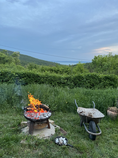 Open fire and a wheelbarrow for firewood, dense vegetation in the background, small patch of the lake in the distance.