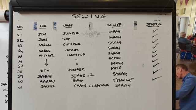 Our sewing whiteboard showing the 11 items that we worked in. Mostly clothes but also a bag and a seat cushion.