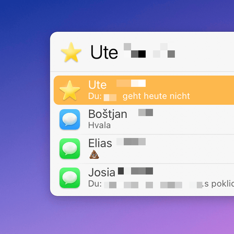 Cropped screenshot of Recent Messages  LaunchBar Action. Some of the text is redacted.