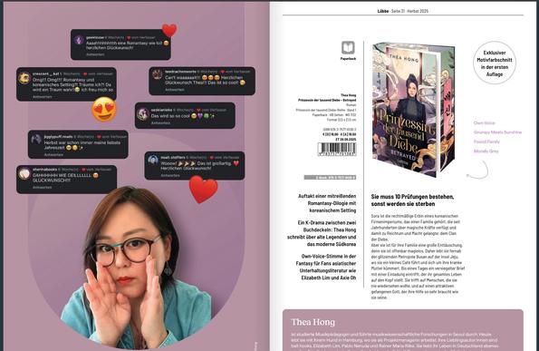 The image features a book promotion for "Prinzessin der tausend Diebe - Betrayed" by Thea Hong, along with a photo of the author expressing excitement. Comments celebrating the book's release are displayed on the left, showcasing fan reactions