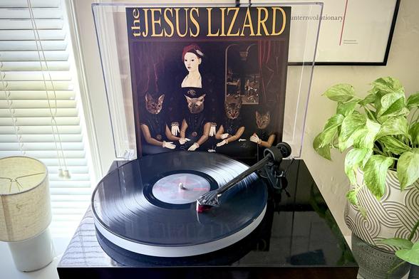 A black vinyl record spins on a black turntable next to a green houseplant. The record sleeve stands up in the turntable’s dust cover behind the platter.