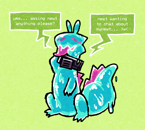 An image of Newt, a lizard made of slime wearing a big metal collar. It's looking bashful with one paw behind its head, and asking "umm... asking newt anything please? newt wanting to chat about mynewt... >w<"