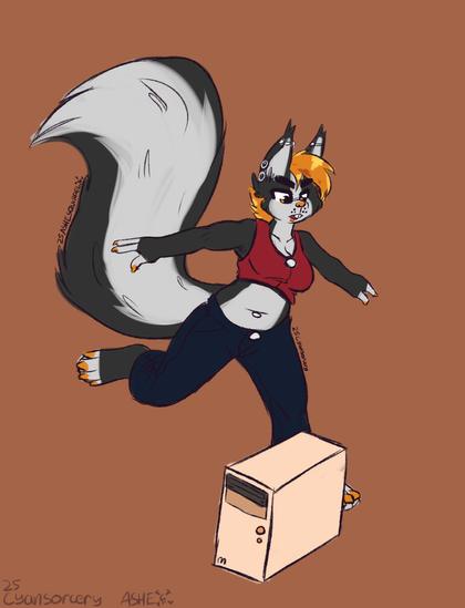 A drawing of my skunk fursona, arms outstretched and leg curved back, ready to kick a computer as hard as she can like a football