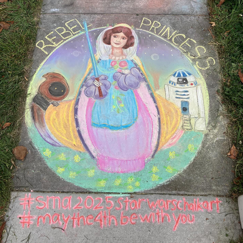 A colorful chalk drawing on pavement, of three figures meant to resemble Princess Leia, a Jawa, and R2D2, from Star Wars. Leia is holding a blue light saber. The words "Rebel Princess" are written along the top edge of the round frame.