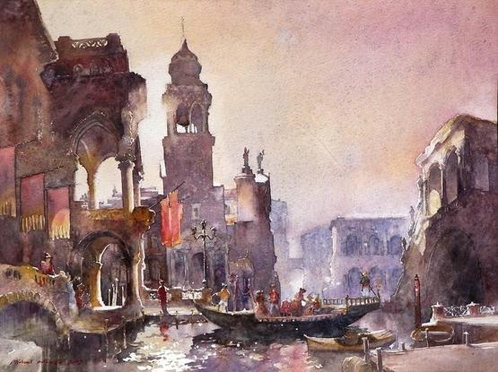 a watercolor painting of a canal in Venice with columns and arches and towers and tunnels all visible in the architecture of the scene (the artist is also an architect).  There are people either loading or unloading from a boat and seem dressed for a party.  more of the artist here:
https://markovart.wordpress.com/2014/07/08/michal-orlowski/