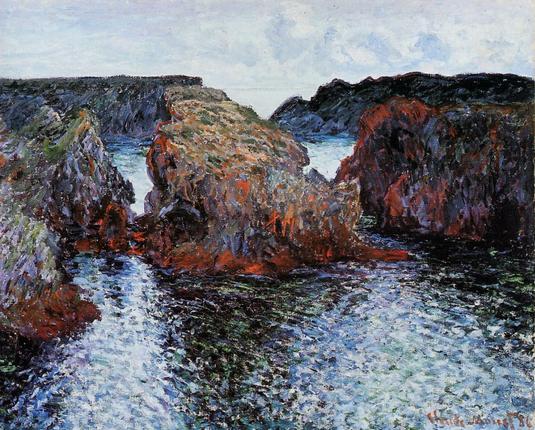 the focus is on large rocks coming out of the water, like those seen on shorelines in various places.  The artist was French so probably France.  They are rendered in a unique and colorful impressionist style
