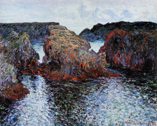 the focus is on large rocks coming out of the water, like those seen on shorelines in various places.  The artist was French so probably France.  They are rendered in a unique and colorful impressionist style
