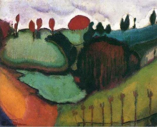 This is a very soft, semi abstract scene of a landscape with hills and trees and clouds, possibly a valley.  Nothing is rendered in any kind of sharp or clear way