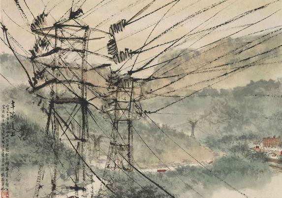 this is a valley in the mountains, with a road and a group of buildings below, rendered in a light watercolor style, mostly grey-green with a little brown and orange.  But the focus of the painting is on a series of power transmission lines running from towers, the first of which take up the foreground, and more towers recede down into the valley.  The wires seem to come at and pass behind the viewer as though we are up in the air among the power lines