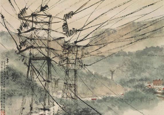 this is a valley in the mountains, with a road and a group of buildings below, rendered in a light watercolor style, mostly grey-green with a little brown and orange.  But the focus of the painting is on a series of power transmission lines running from towers, the first of which take up the foreground, and more towers recede down into the valley.  The wires seem to come at and pass behind the viewer as though we are up in the air among the power lines